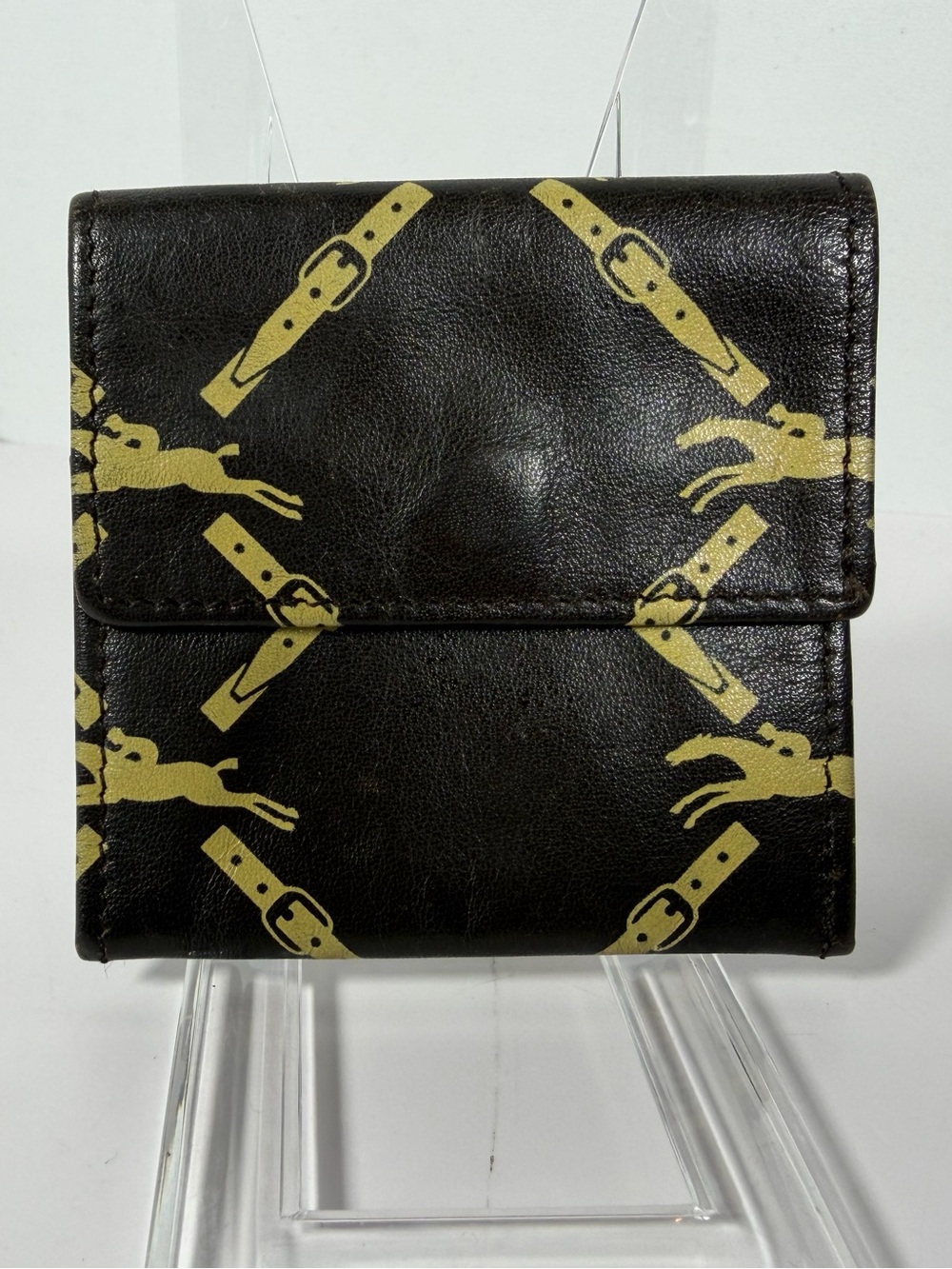 1302: Longchamp Vintage Horse & Belt Print Leather Coin Purse Brown Gold